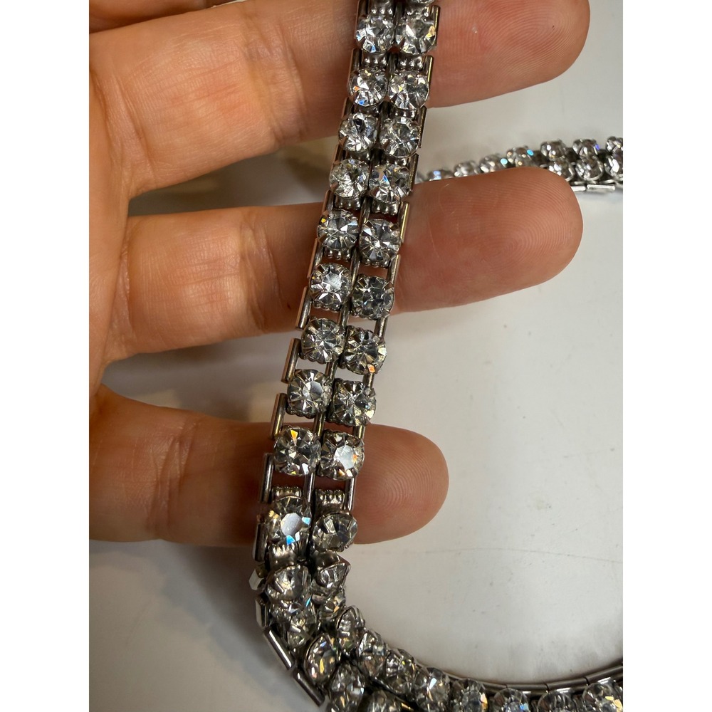 Vintage Double Row Rhinestone Choker Necklace Silver Tone Clear Crystal 13.5 In